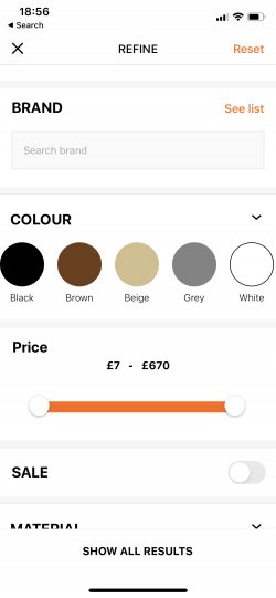 zalando mobile app supports accessibility for color blind people by addind color description under the color circle